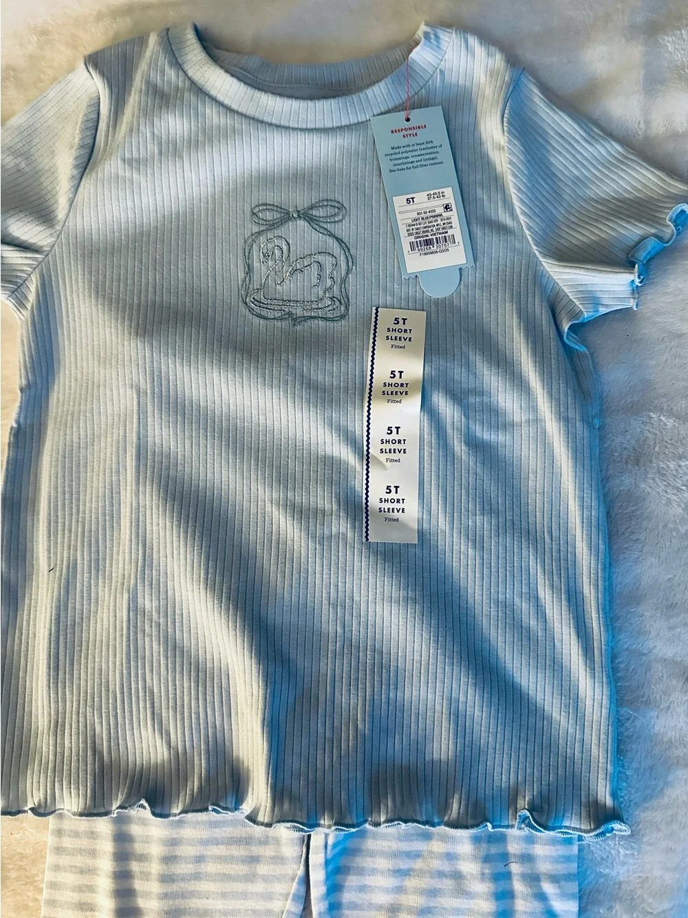Cat and Jack Blue Ribbed Short Sleeve Top with Swan Motif and Gymboree leggings